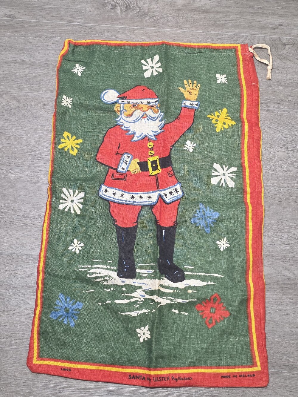 Vintage 1970's Linen Santa Clause Christmas Tea Towels Made Into Christmas Bag